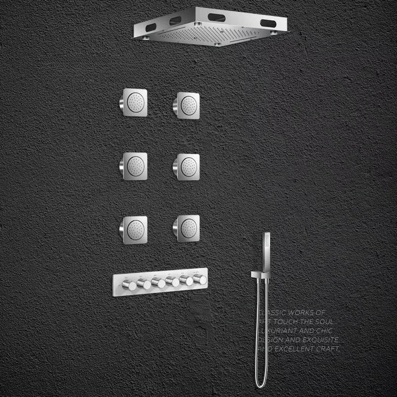 Rain Shower System: 16 Inch Rainfall & Spray Ceiling Head with Body Jets and Handheld, Thermostatic Valve 5 Functions Faucet Set