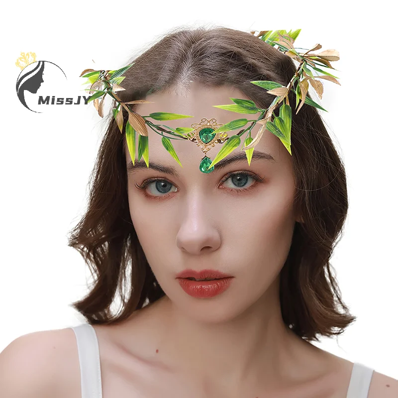 

Fairy Leaf Rhinestone Headband Handmade Elf Princess Headpiece Forest Wedding Flower Crown For Women Girls Halloween