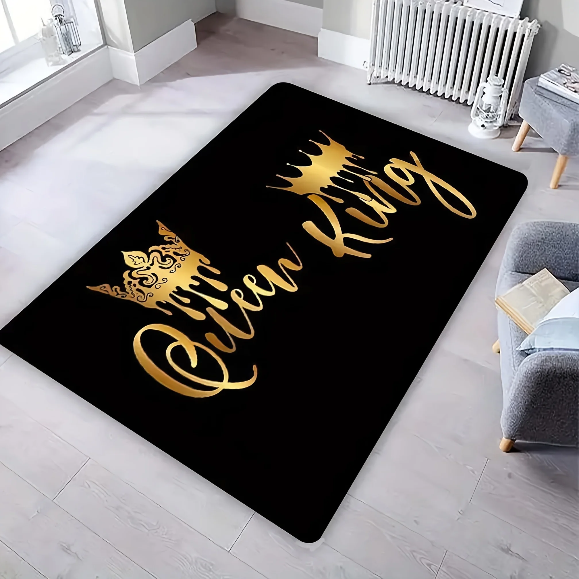 Area Rug King Queen Crown Romantic Luxury Gold Modern Decorative Indoor Floor Carpet for Bedroom Living Room Couple Home Decor