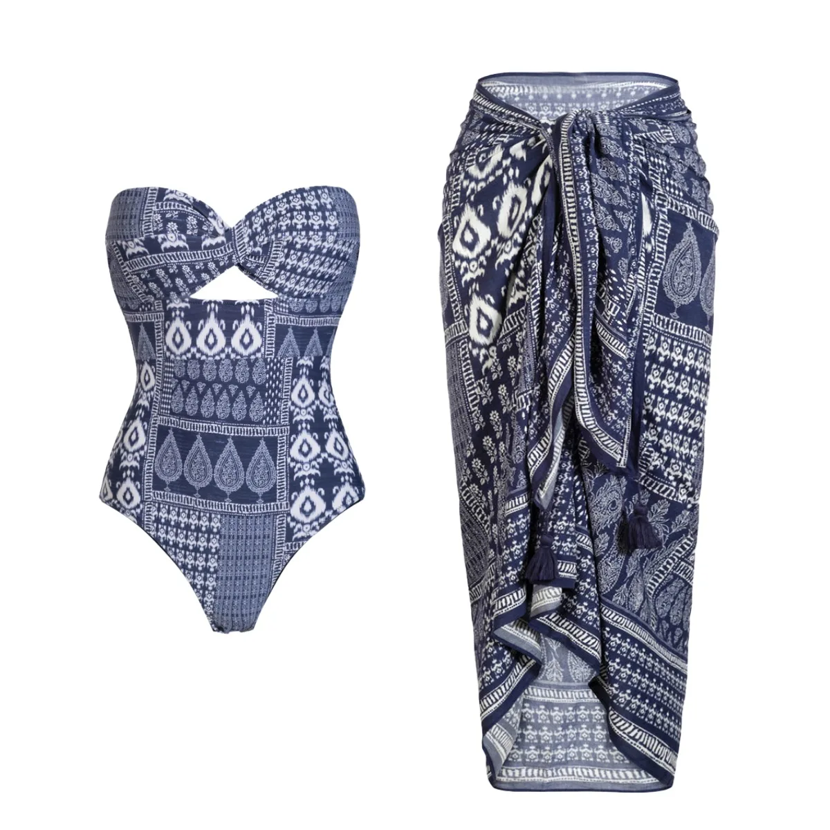 2026 New Women 2‑Piece Boho Geometric Bandeau One‑Piece Swimsuit Tassel Wrap Sarong Skirt Cover‑Up Beach Resort Swimwear Set