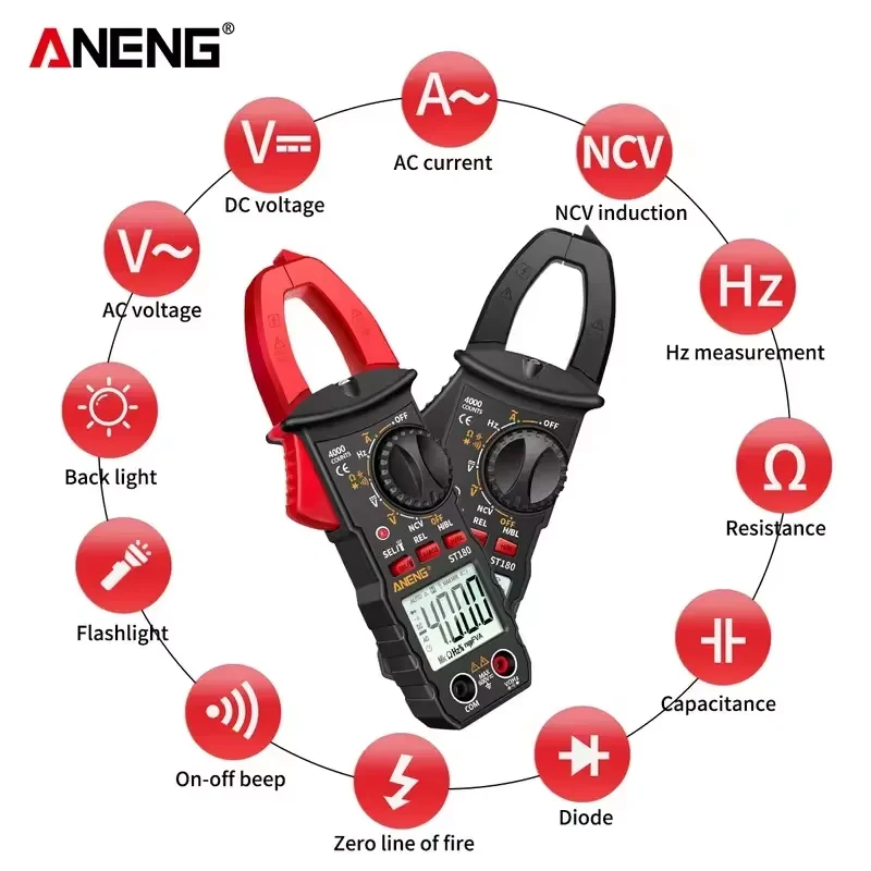 ANENG ST180 4000 Counts Digital Clamp Meter AC Current Multimeter Ammeter Voltage Tester Car Amp Hz Capacitance NCV Ohm Tool 1pc