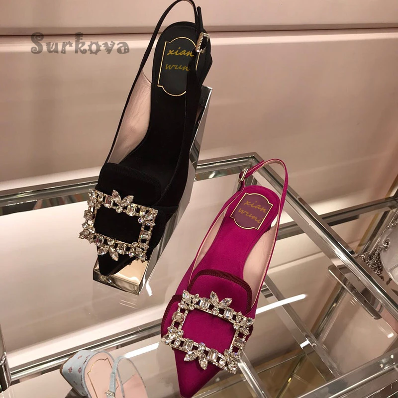 

Embroidered Cloth Pumps Rhinestones Square Buckle Thick Heel Pointed Toe Sandals Back Hollow Low Heel Leather Club Women's Shoes