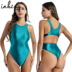 Womens Swimsuit Glossy One Piece Swimwear Sexy Backless Tight 0il Shiny Thong Leotard Bodysuit Sportswear Bathing Suit Clothes