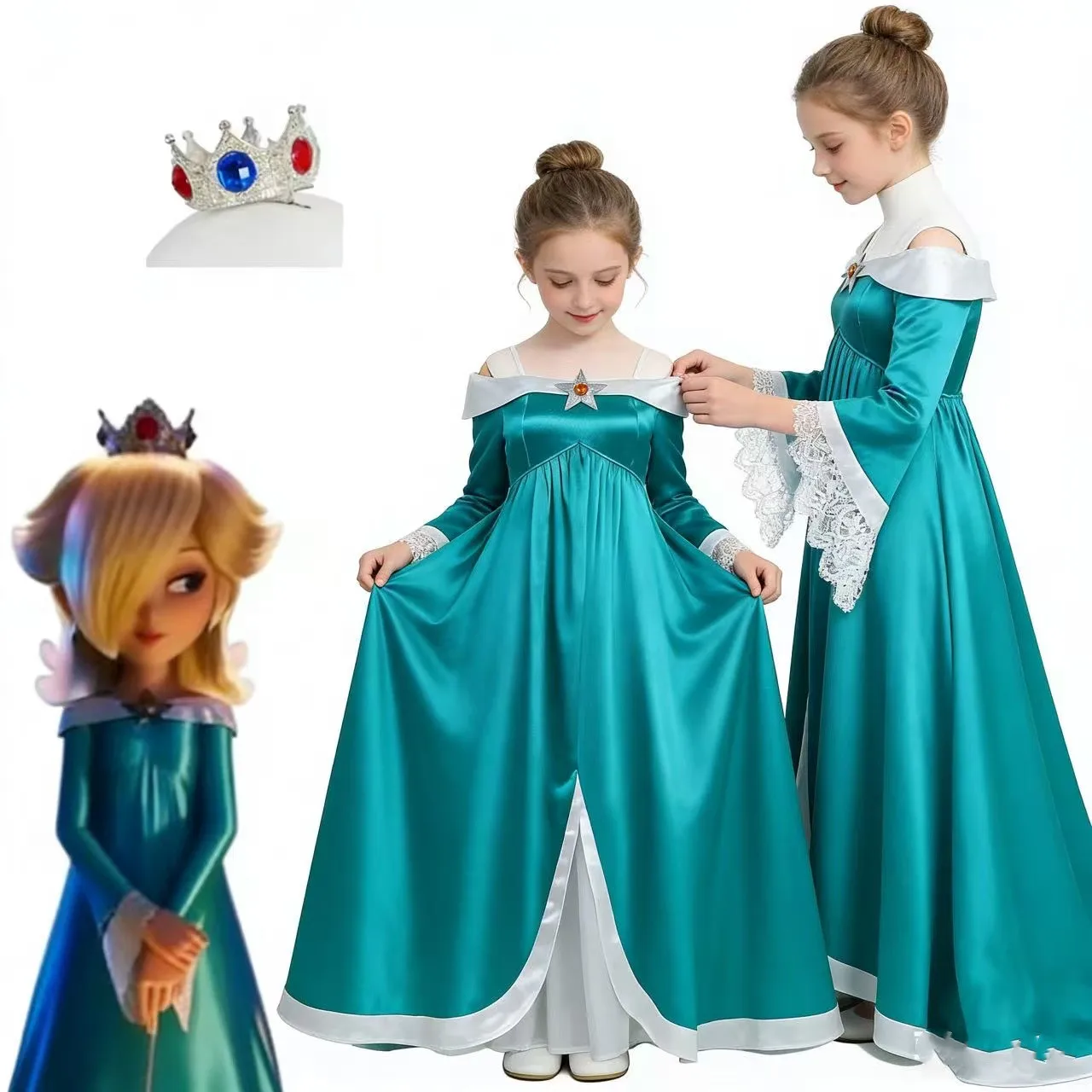 Super Movie Rosalina Cosplay Kostuum Meisjes Prinses Baljurk Jurk Kinderen Kroon Accessoires Volledige Set Halloween Carnaval Outfit