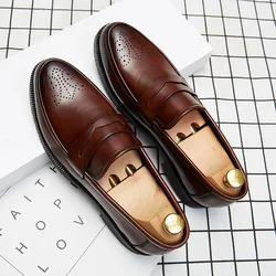 Luxury Brand Penny Loafers men Casual shoes Slip on Leather Dress shoes big size 38-46 Brogue Carving loafer Driving party