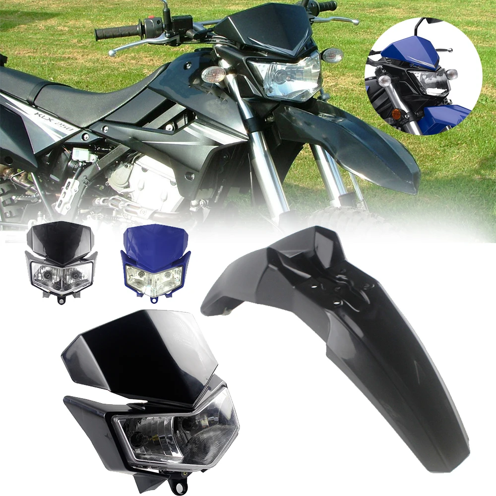 Motocicleta preto frente farol & fender kit carenagem de plástico para kawasaki klx 250 sf x 250 klx250s motocross cabeça lâmpada paralama