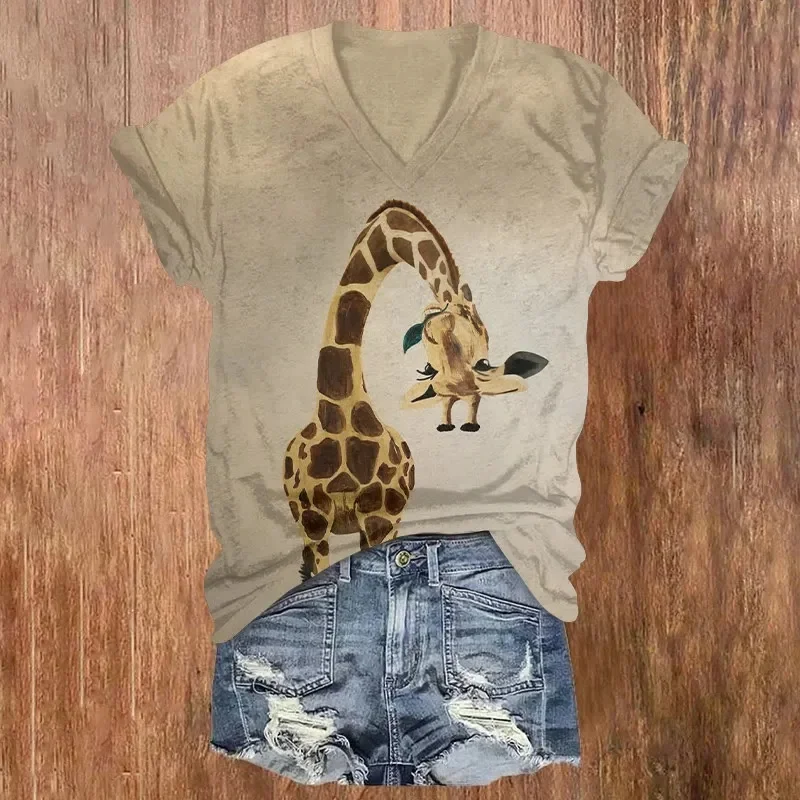 Funny Farm Friends Swinging Hen Print Short Sleeved V-neck T-shirt Summer Women's T Shirts