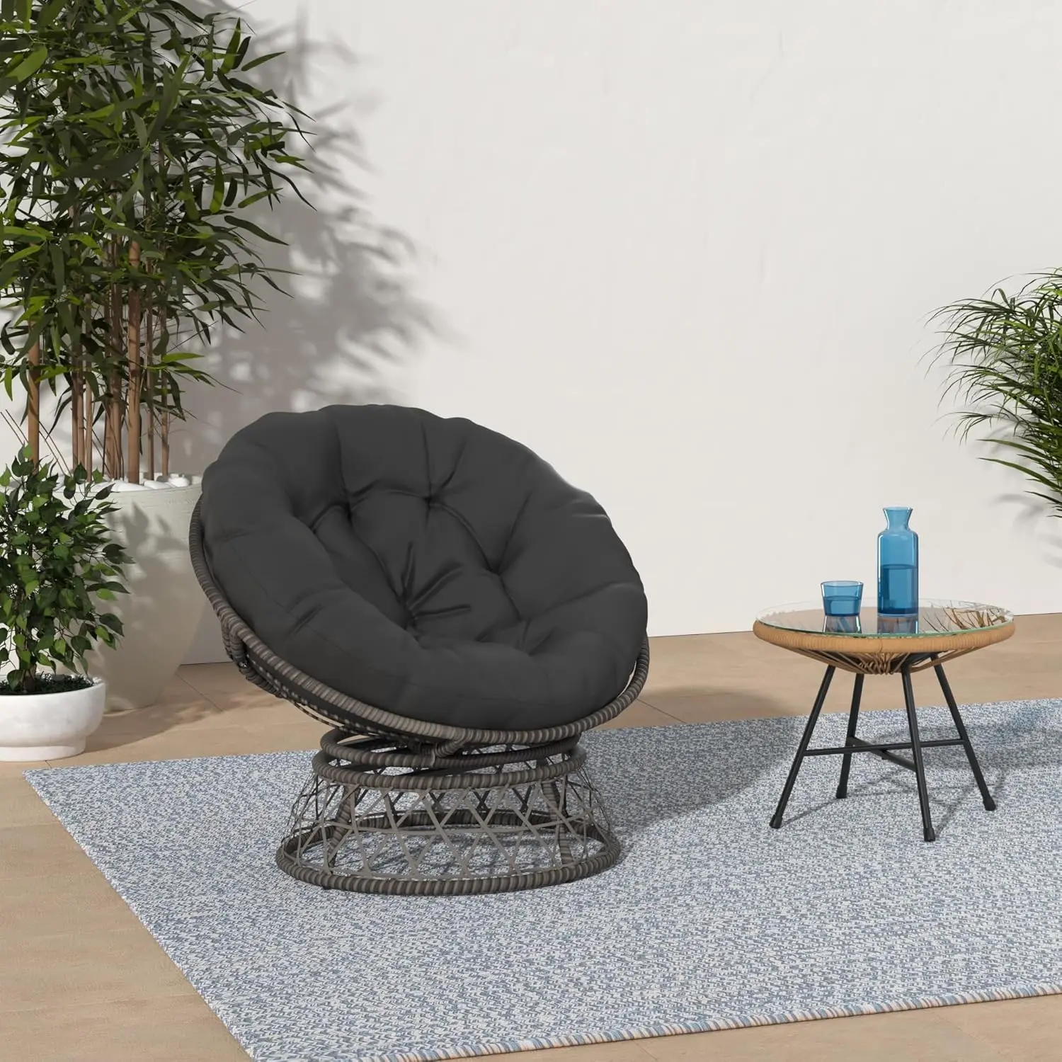 Sedia da soggiorno, sedia da interno ed esterno in rattan con cuscino spesso, ideale per adolescenti, bambini, struttura grigia con cuscino nero