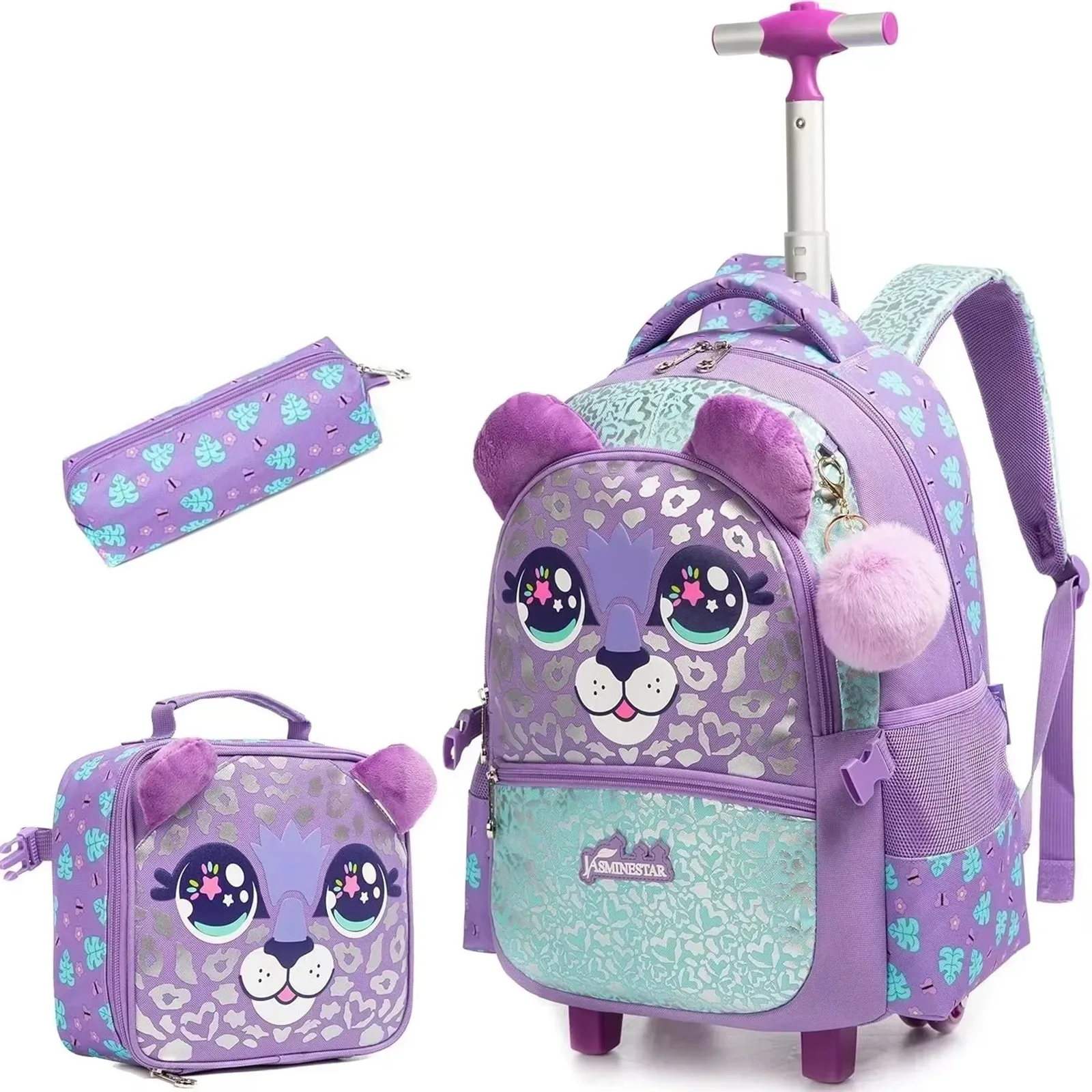 

Cute School Bookbag with Wheels Kids Rolling Backpack for Elementary Students Travel Luggage Trolley Bag with Lunch Bag and Pencil Case Lightweight Carry On for Girls Ages 6-12