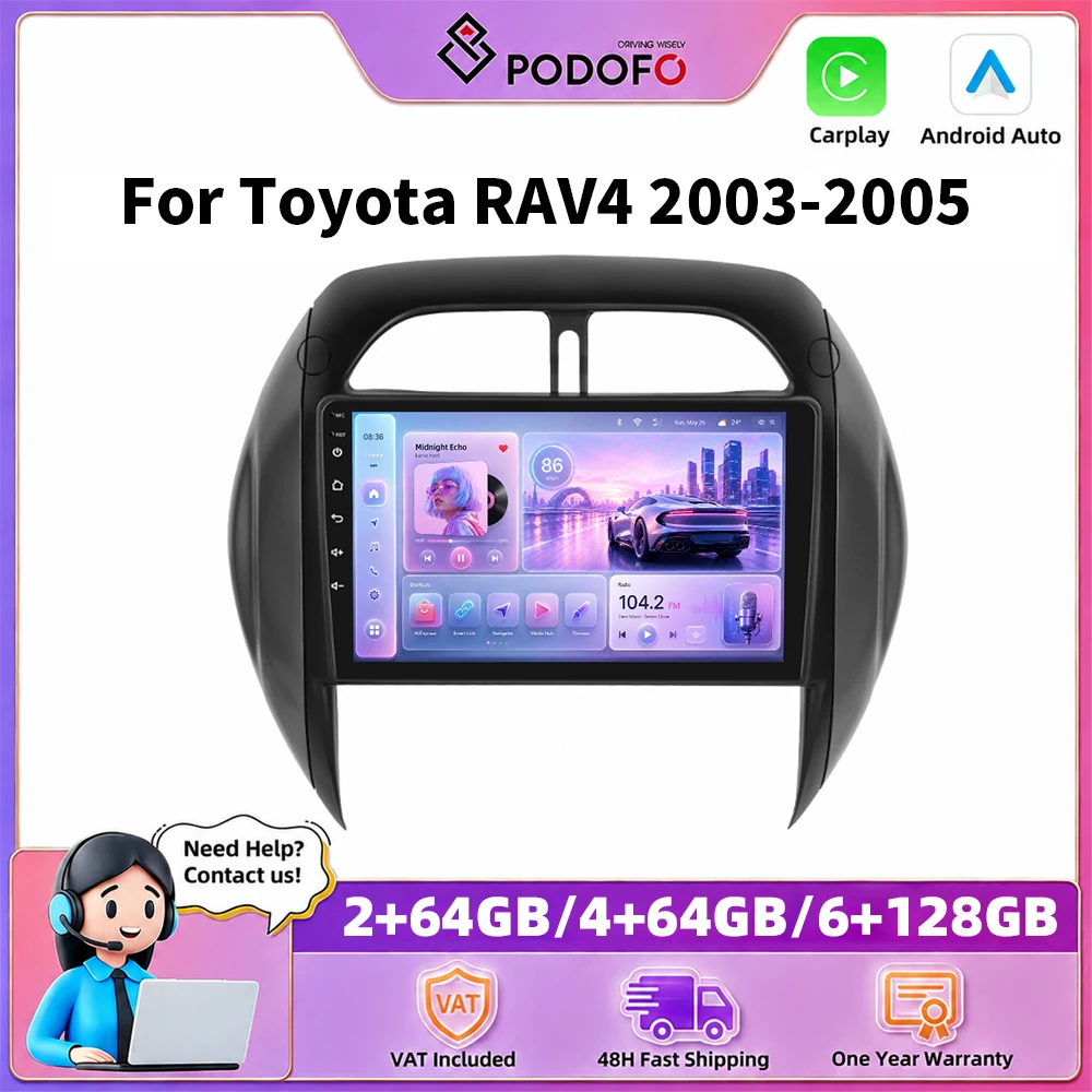 Podofo – autoradio 9 pouces pour Toyota RAV4 2003-2005, Carplay sans fil, Android Auto, systèmes de voiture intelligents, navigation GPS, lecteur multimédia, MirrorLink, BT, WIFI, unité principale