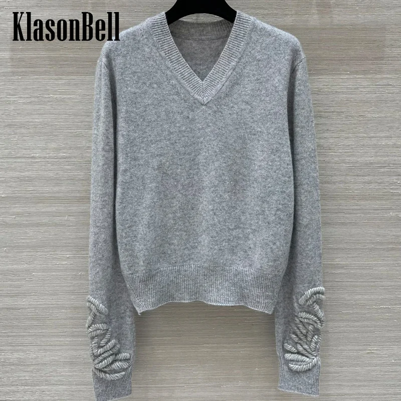 10.11 KlasonBell Women\'s Fashion Three-dimensional Hand Embroidery Jacquard Long Sleeve Knitwear V-Neck Cashmere Knit Sweater