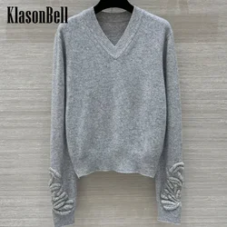 10.11 KlasonBell Women's Fashion Three-dimensional Hand Embroidery Jacquard Long Sleeve Knitwear V-Neck Cashmere Knit Sweater