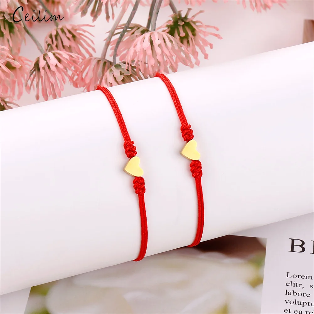 2Pcs/Set Stainless Steel Heart Bracelet Adjustable Braided Rope Red String Bracelets For Women Mother Daughter Jewelry Gifts