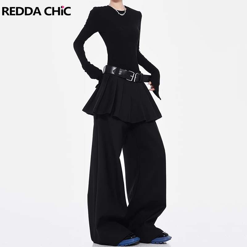 ReddaChic ICON Falda plisada para mujer, traje de punto, pantalones informales holgados de pierna ancha, pantalones negros falsos de dos piezas, ropa de calle coreana