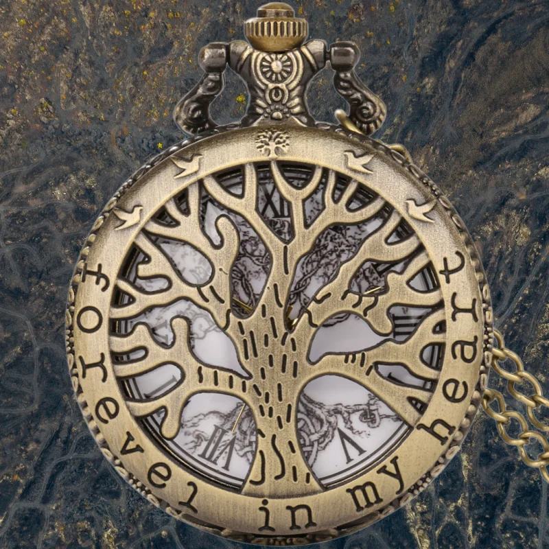 Vintage Bronze Steampunk Hollow World Tree Carving Quartz Pocket Watch Necklace Clock Men's and Women's Gifts