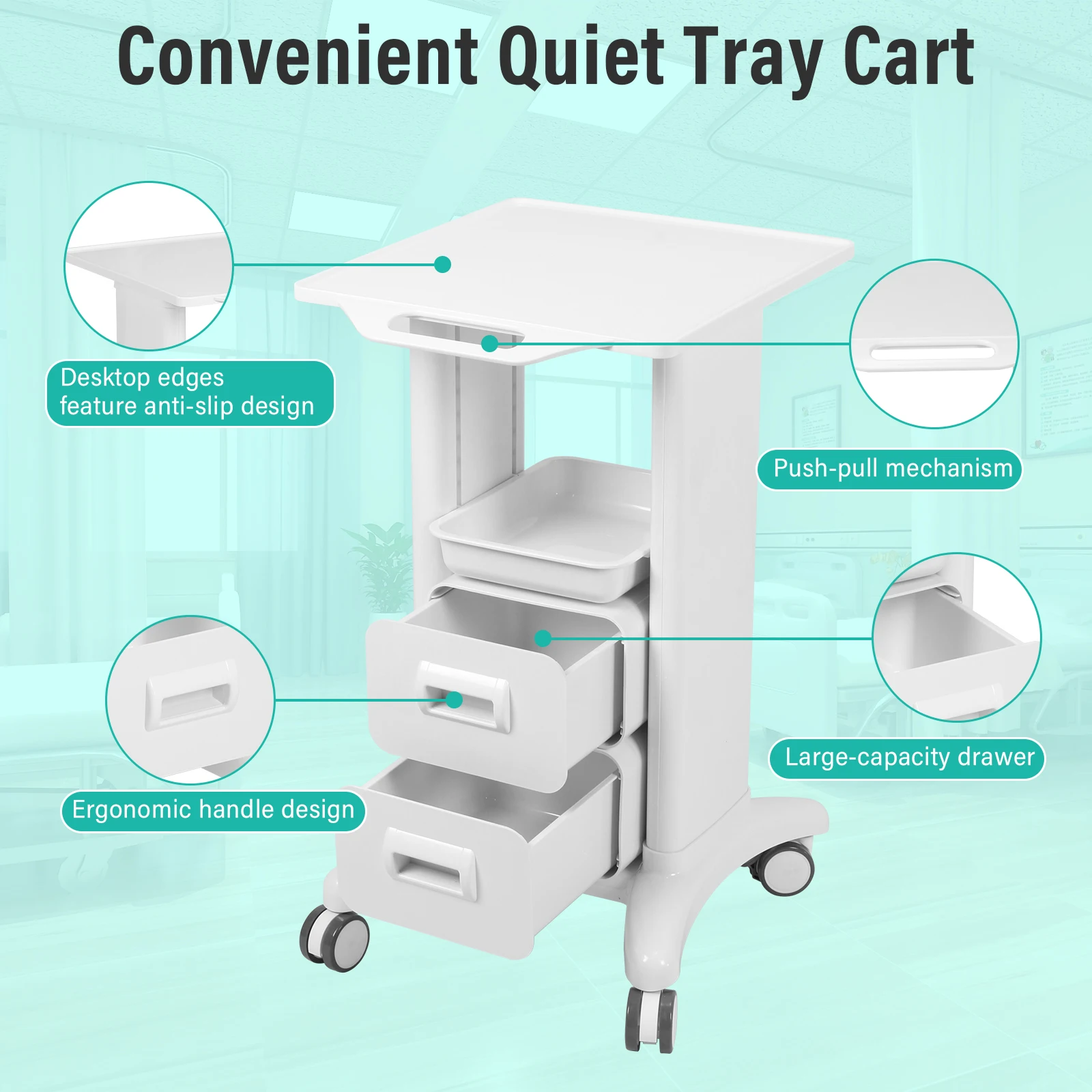 

Anti-Slip Workbench Trolley with Wheels & Drawers Beauty Ultrasound Cart Load UP To 130Lbs for Lab Hospital Dental Office Clinic