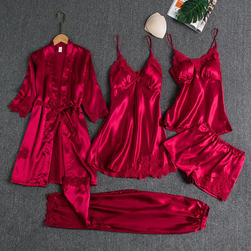 5PC sexy and fashionable silk sleepwear set with lace satin for spring ansummer women's clothing camisole skirt pajama bathrobe
