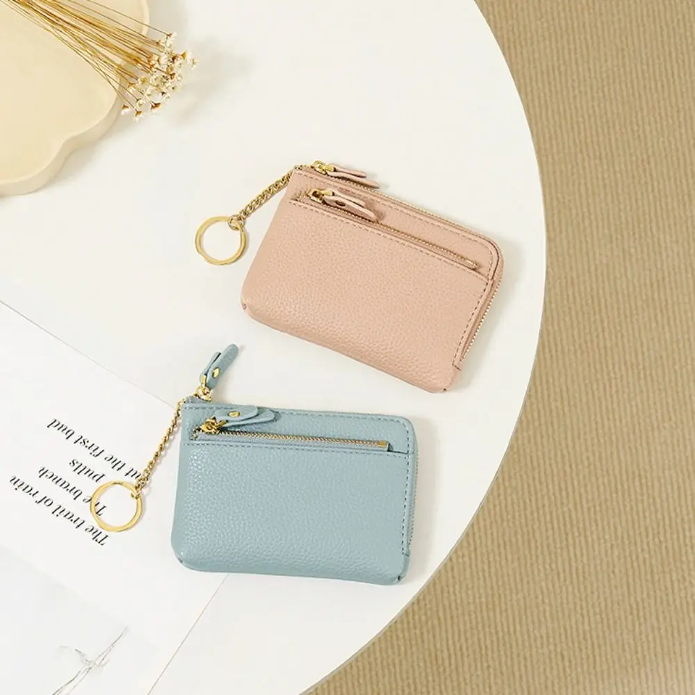 Monedero de cuero de moda con cierre de cremallera, llavero de Color sólido, billetera con múltiples ranuras para tarjetas, bolsa de almacenamiento funcional para estudiante