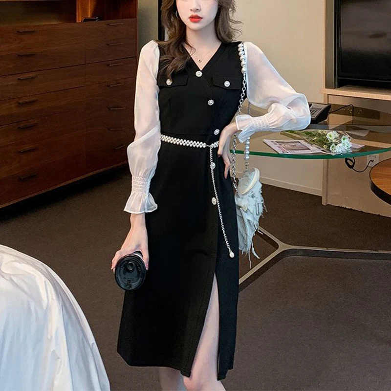 

French Style Temperament Summer Dresses Women's V-Neck Button Gauze Patchwork Split Fashion Long Sleeve Slim Midi A-line Dress