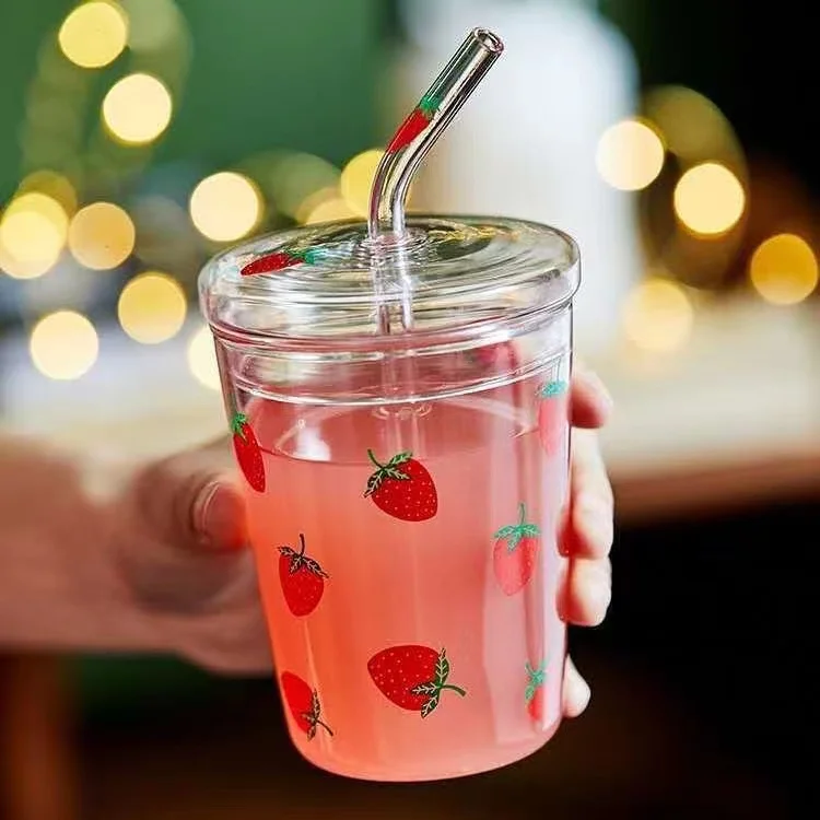 

Cute Strawberry Glass Straw Cup with Lid Student Water Drinking Cup Girl Heart Korean Style Element Covered Cup