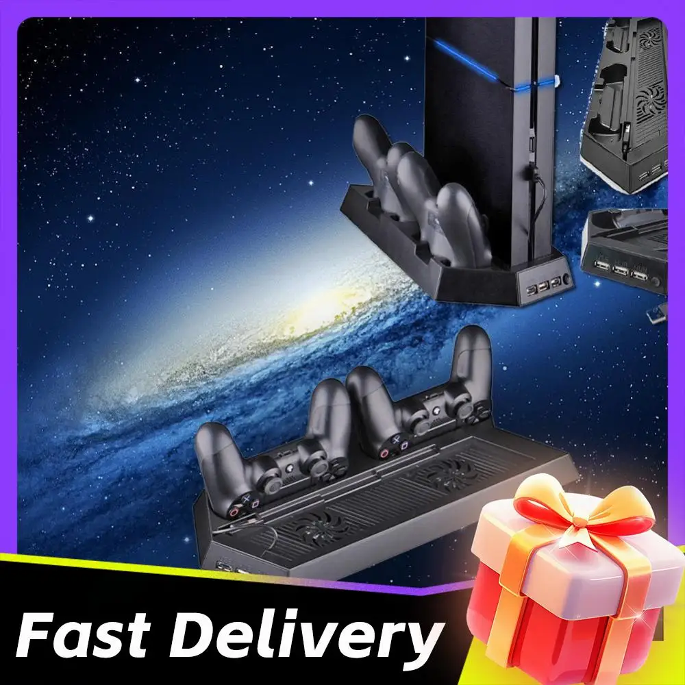 

Вертикальная охлаждающая подставка для PS4 с двойной зарядной станцией для контроллеров, быстрая зарядка, вентилятор охлаждения и подставка для зарядки