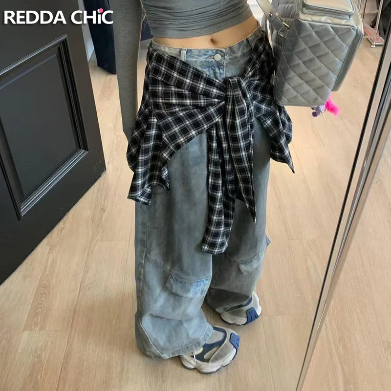 

REDDACHiC Detachable Plaid Butt Cover Y2k Baggy Jeans High Waist Wide Leg Dirty Washed Denim Pants Jazz Dancer Women Streetwear