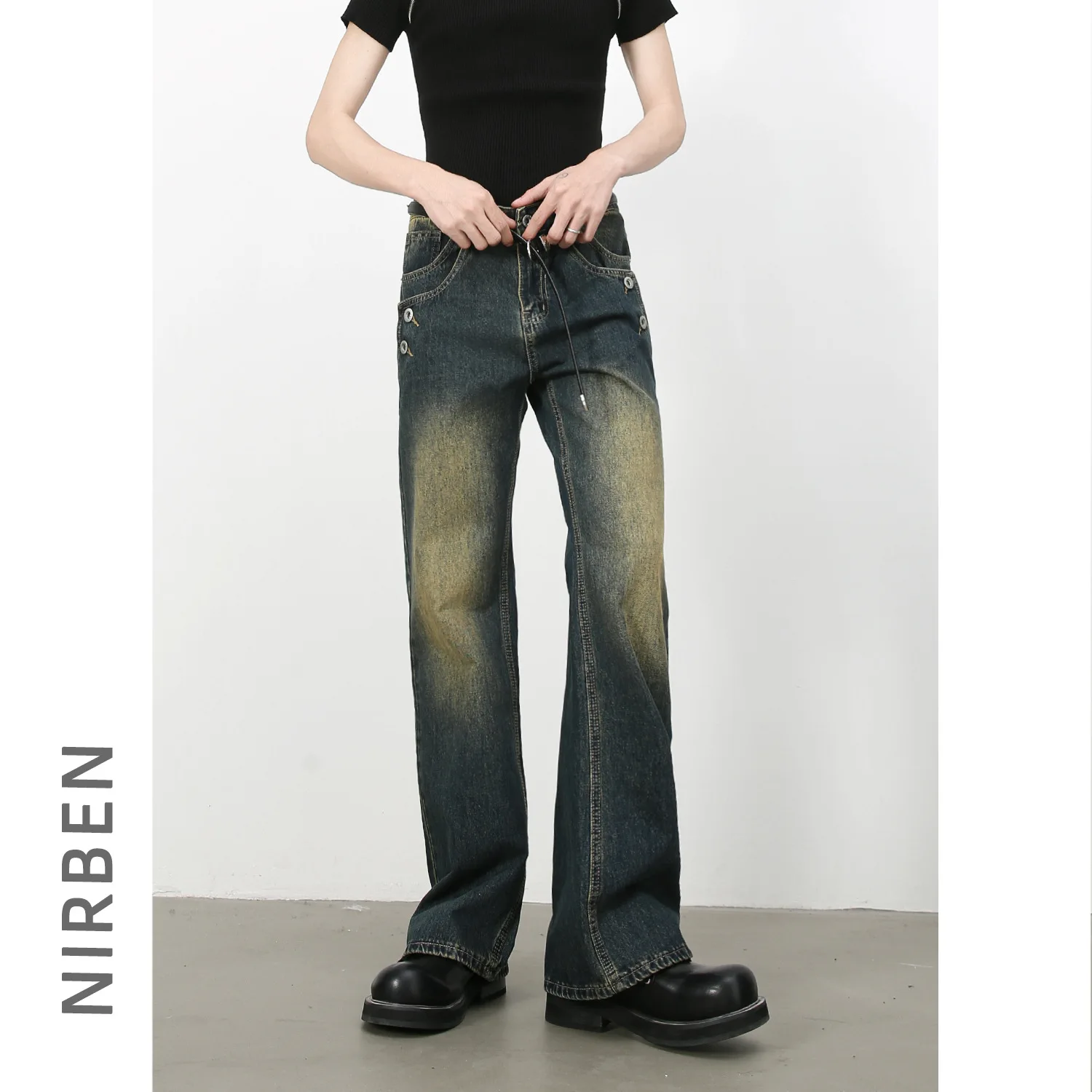 Denim American Retro High Street Button Micro-horn Jeans Men's Wash Loose Straight Trousers Tide