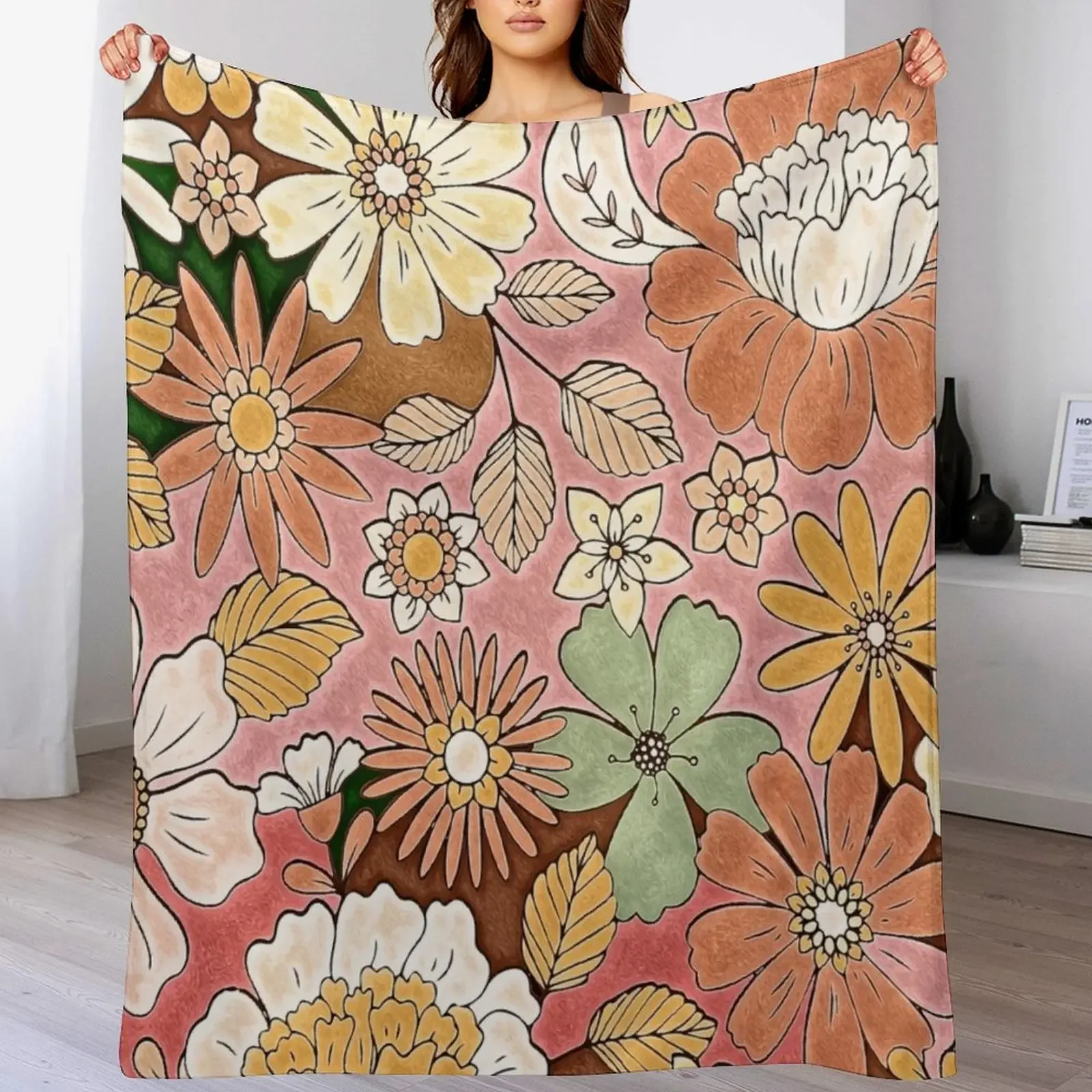 

Retro Flowers pink Throw Blanket Summer Cool Breathable Blanket for Sleeping