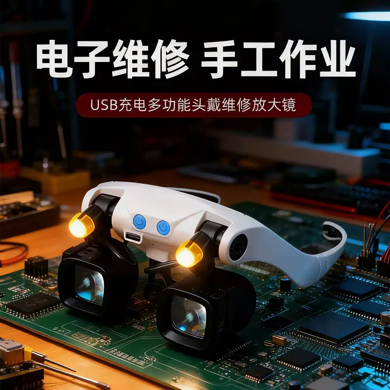Rechargeable Head‑Mount Magnifying Glass Glasses with LED Light, HD Portable Loupe for Watch Electronic Circuit Board Repair