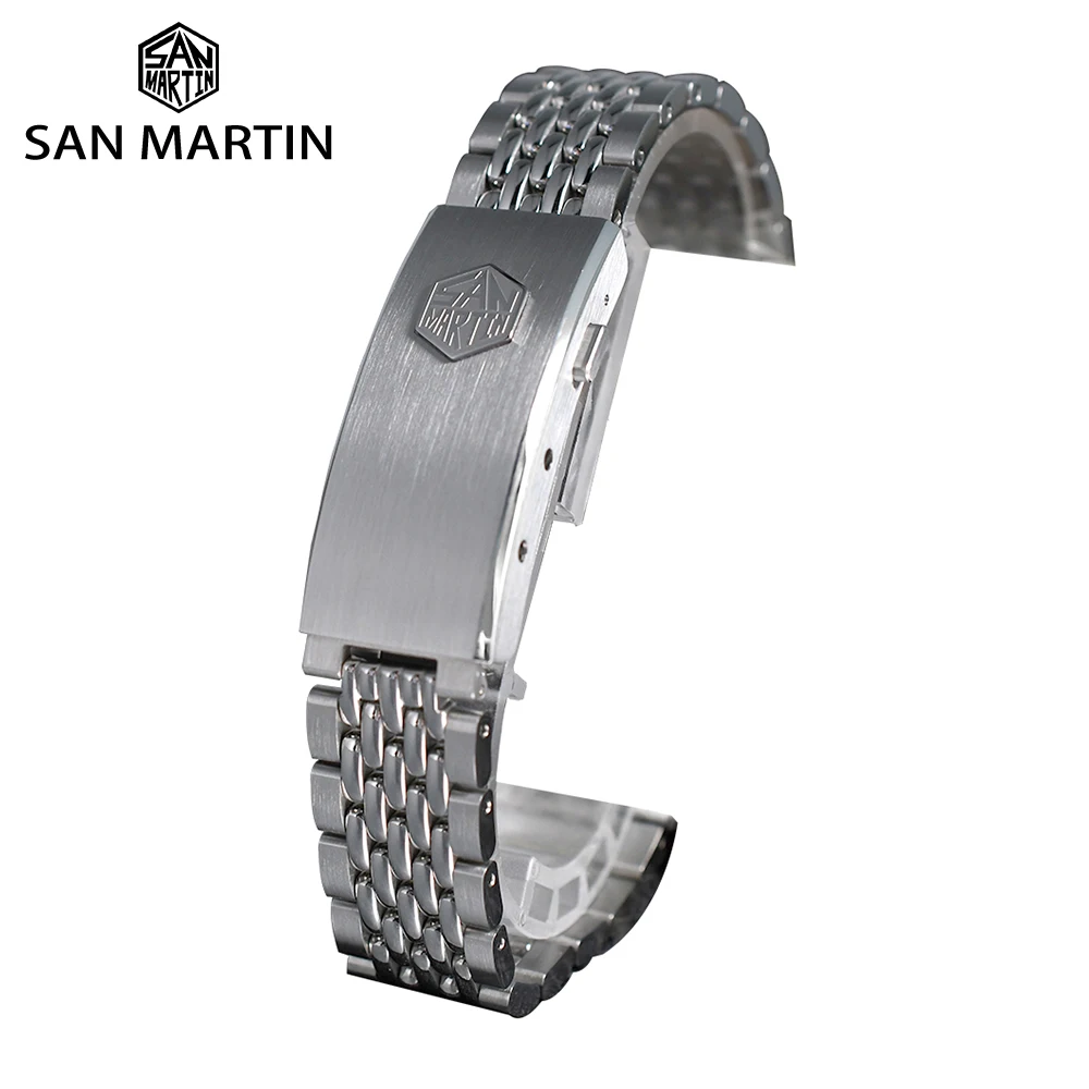 

San Martin Solid 316L Stainless Steel Straight End Link Beads of Rice Bracelet For 20mm Watch Fly Adjustable Clasp BD0014