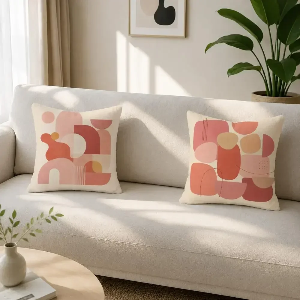 Pattern Pink Red Morandi Geometric Abstract Cushion Cover Soft Plus Fluffy Throw Pillow Cases For Sofa Bedroom Home Decor