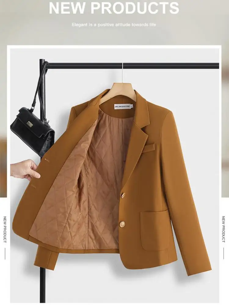 

Korean Women Black Beige Single Breasted Cotton Blazer Coat Autumn Winter Brown Long Sleeve Elegant Professional Tops Thick Chic