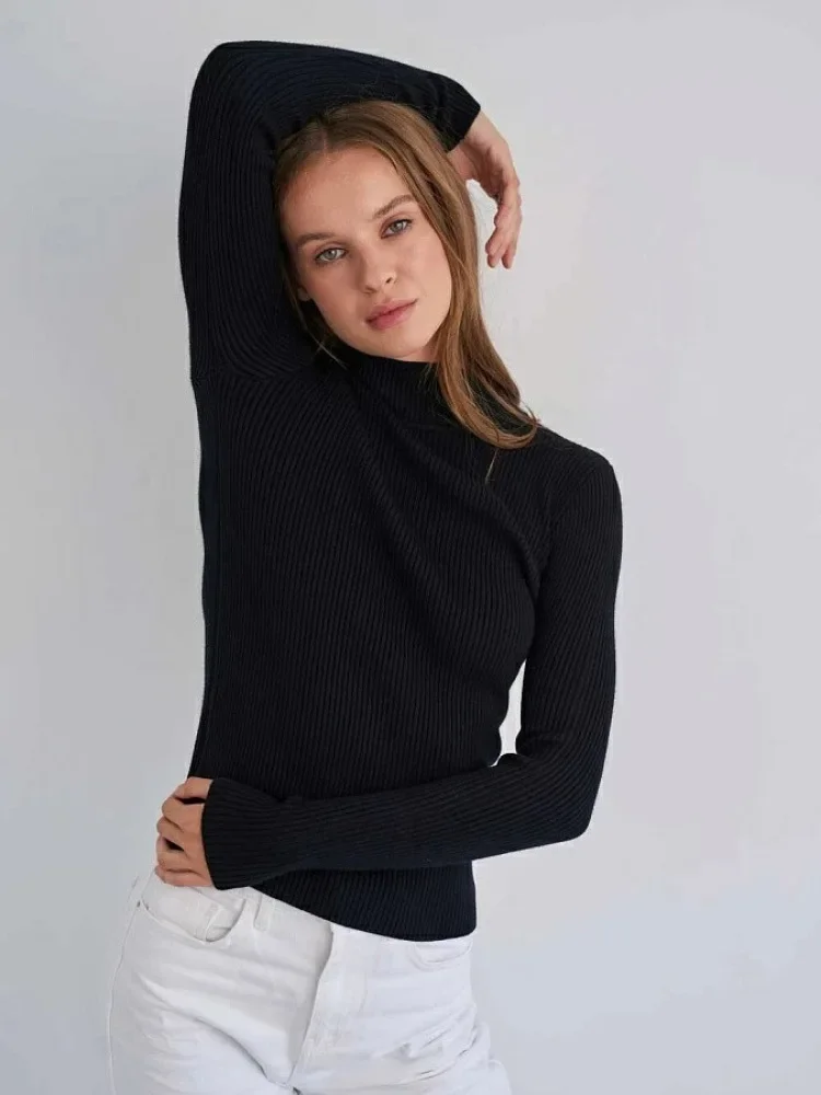 

Knitted High Neck Autumn Women Long Sleeve Slim Basic Sweater Casual Ribbed Pullover Winter Sweater Female Clothes