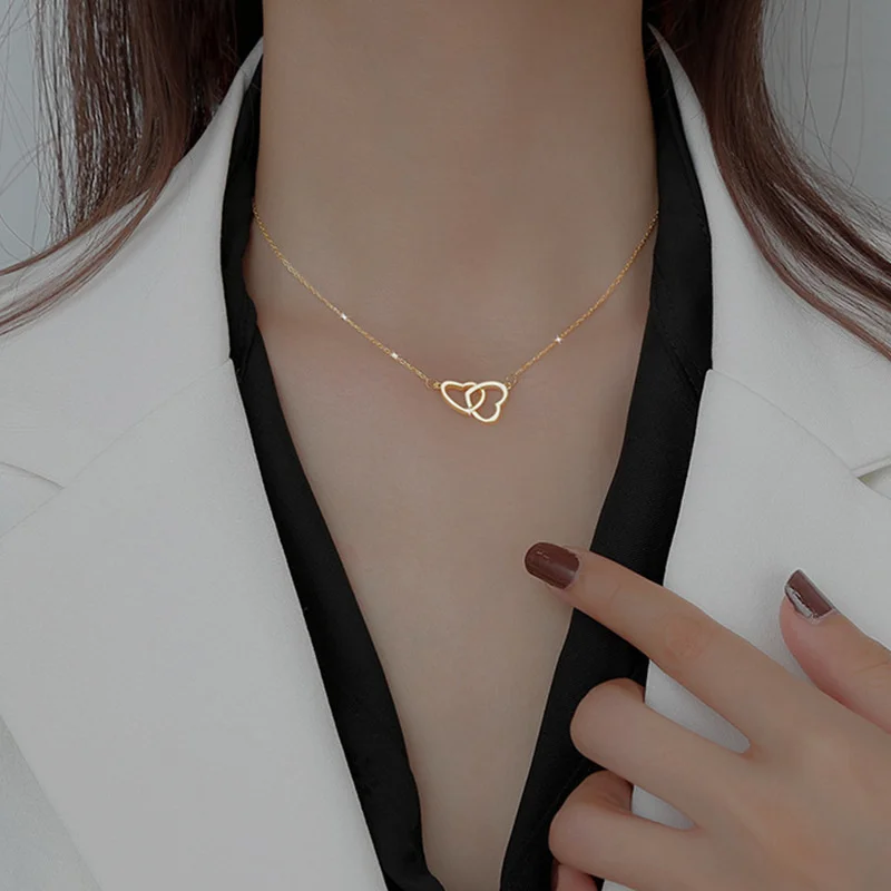 Koreaanse Mode Dubbel Hartvormige Ketting Voor Vrouwen Loop Voor Lus Love Choker Nieuwe Romantische Valentijnsdag Cadeau Trending Sieraden