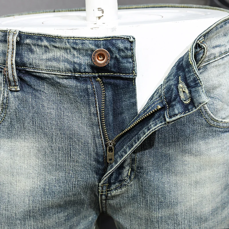 Italian Style Fashion Men Jeans High Quality Retro Washed Blue Stretch Slim Fit Ripped Jeans Men Vintage Designer Denim Pants