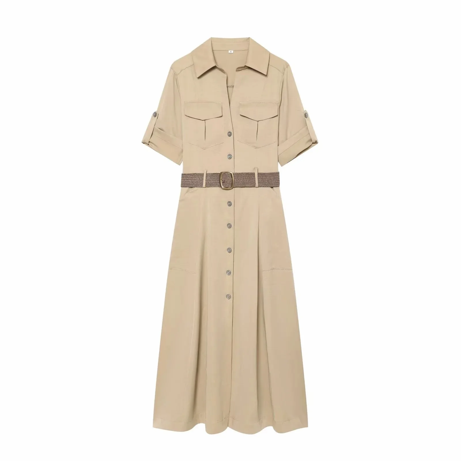 Damen Sommer Hemdkleid Damenmode 2026 Einreihiges Gürtel-Maxikleid Vintage Kurzarm Lässige Damenkleider – Detail 5