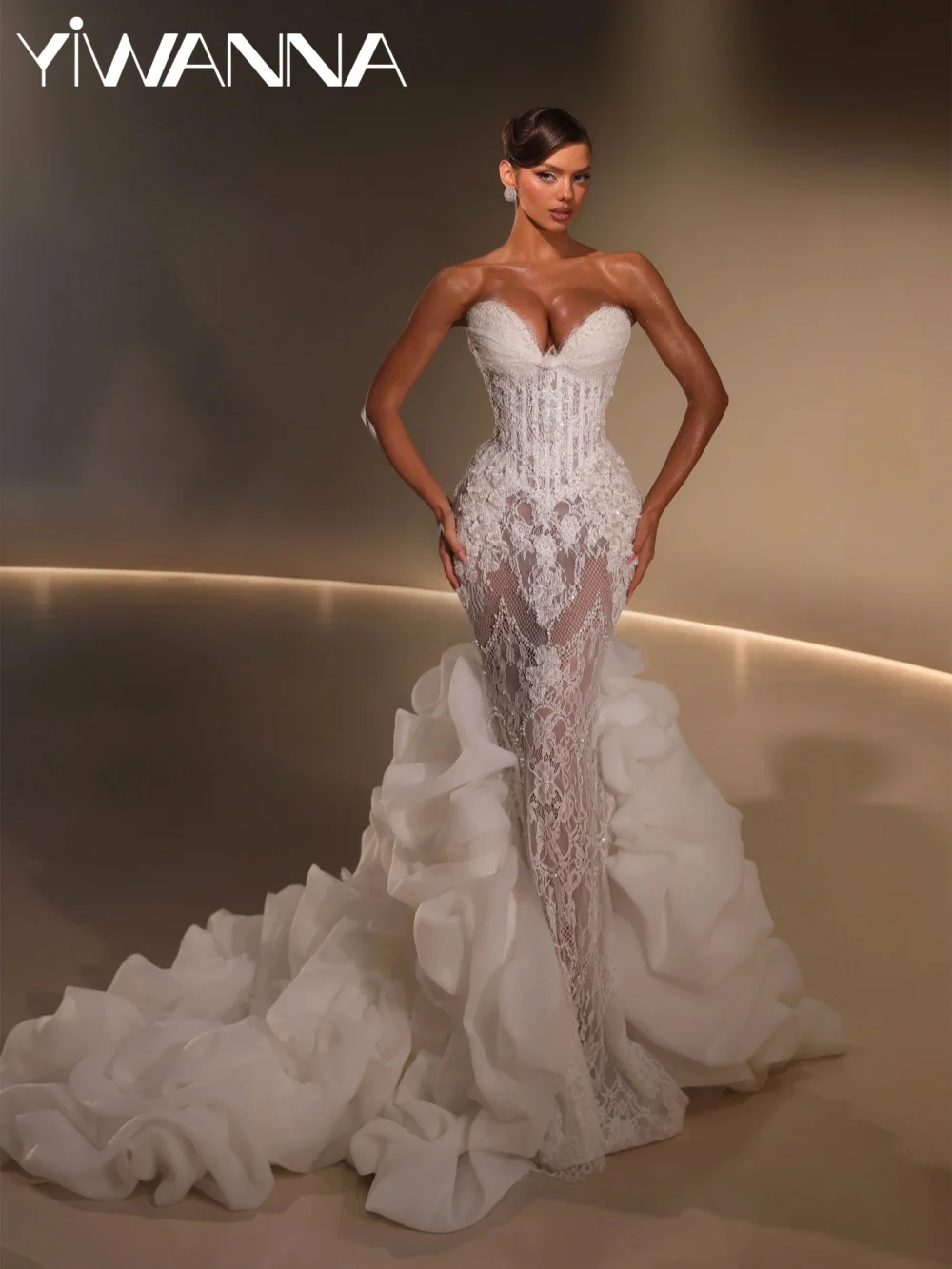 Dreamy Lace Beaded Wedding Dress Ruffled Train Gorgeous Illusion Bridal Gown Customized Intricate Mermaid Long Dresses For Bride