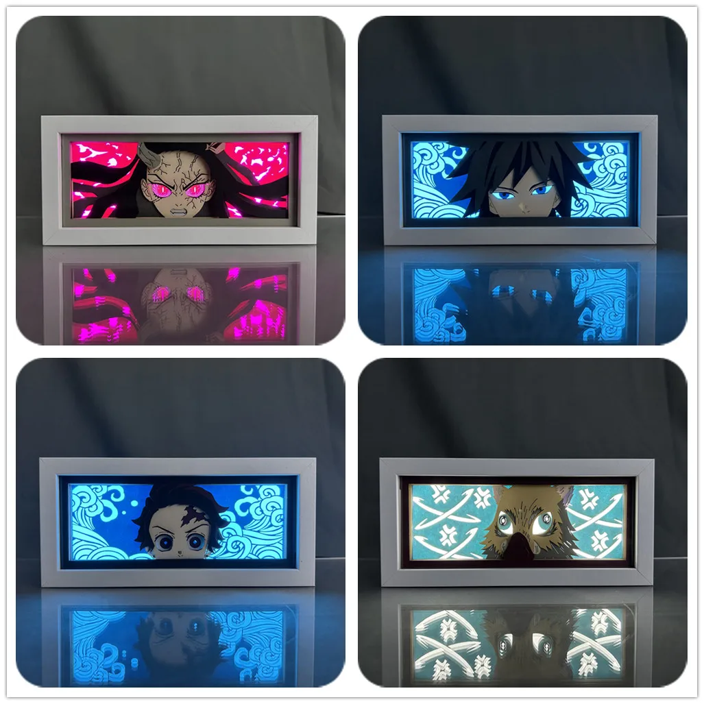 Demon Slayer Giyu Anime Led Light Box Paper Cut Shadow Box Tanjiro for Bedroom Decor Zenitsu Table Lamps Kimetsu No Yaiba Nezuko