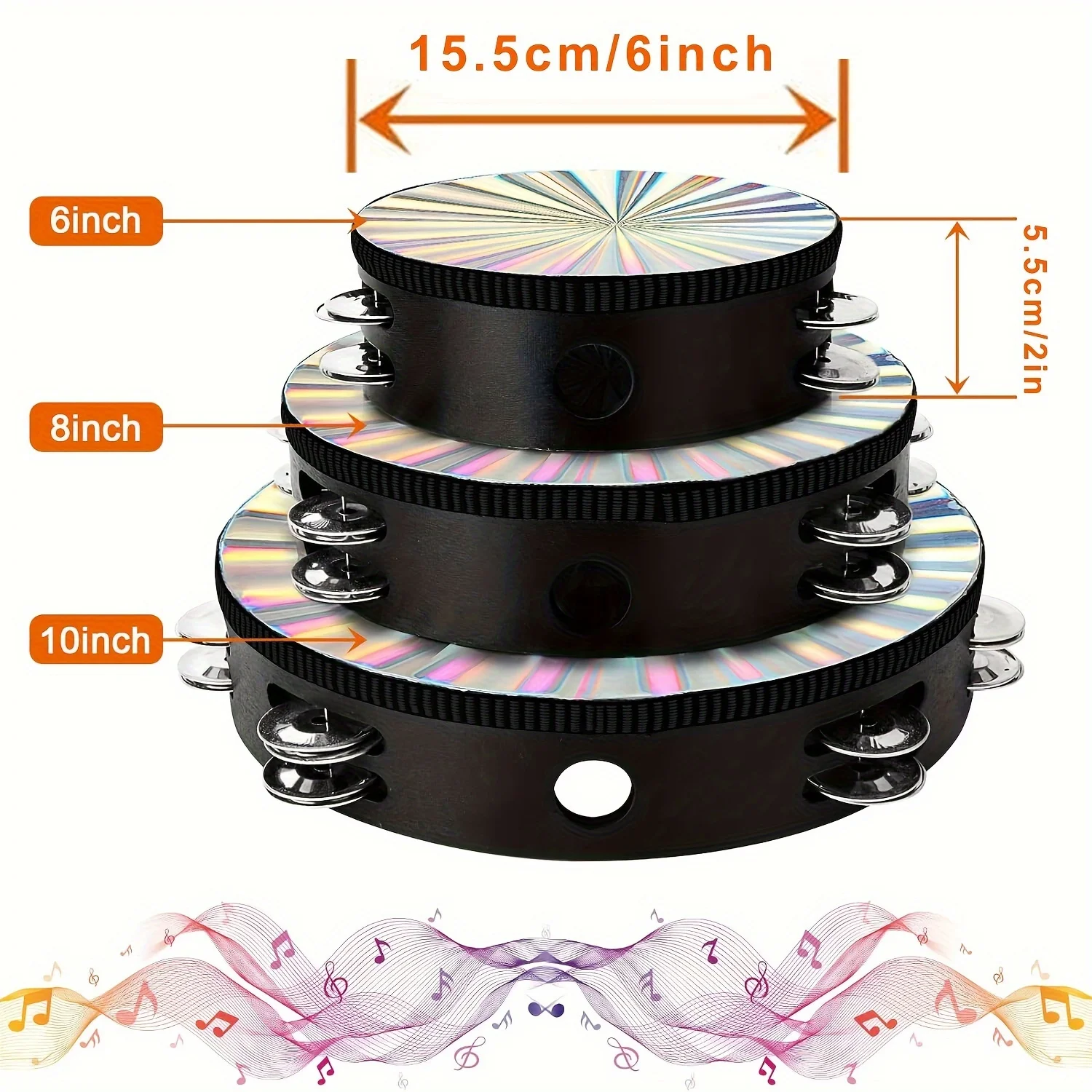 1Pc Radiant Tambourine 6/8/10 inch Tambourine Musical Educational Instrument Rhythm Percussion Tambourine (Double Row)