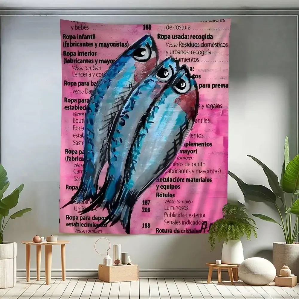 Colorful Sardine Lobster Fish Ocean Printed Large Wall Tapestry Art Science Fiction Room Home Decor Decor Blanket