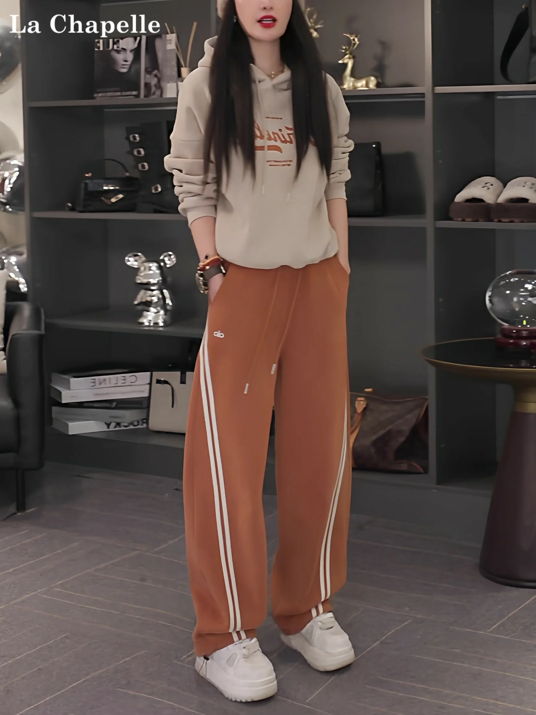 

La Chapelle Women's Sportswear Set Orange American Retro Letter Print Long Sleeve Hoodie High Waist Trousers Autumn Winter