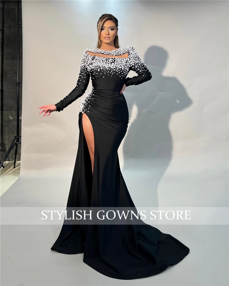 Middle East Boat Neck Evening Dresses For Black Girls Bead Birthday Party Gowns High Slit Long Prom Dress Robe De Bal Customized