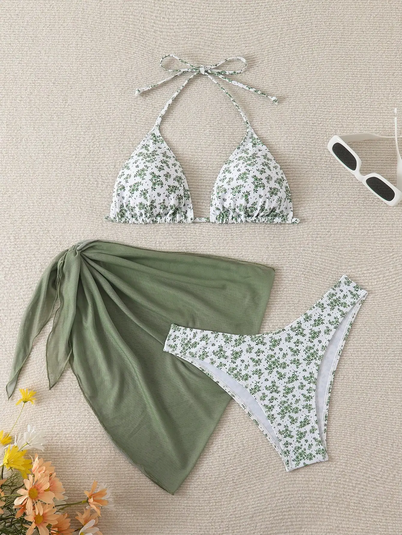 

Женский комплект бикини с цветочным принтом и завязками на шее, с парео, для пляжного отдыха