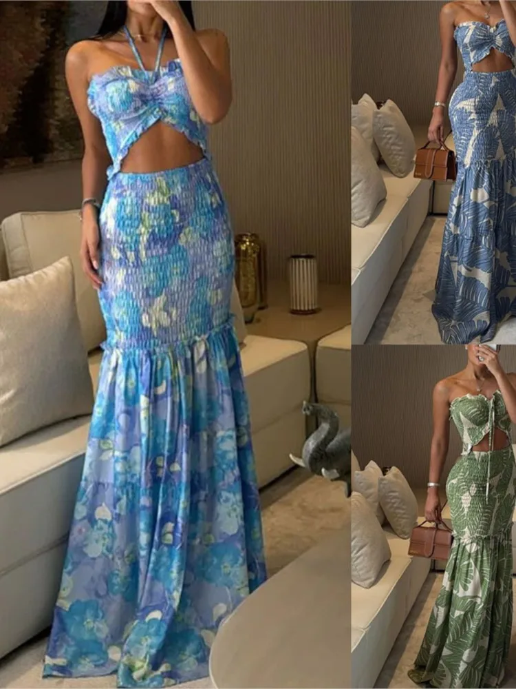 Fashion Holiday Bodycon Women's Dress Sexy Halter Straps Hollow Print Long Dress Female Spring Summer Lady Party Dresses