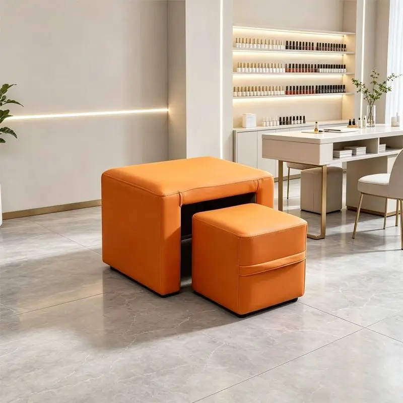 Nesting Ottoman Stool Set Orange Faux Leather Square Footrest Space Saving Multi-Use Seat For Living Room Nail Salon