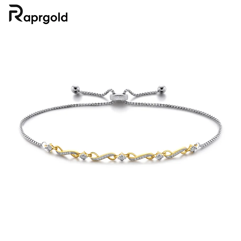 

RAPRGOLD Real S925 Sterling Silver Adjustable Love Heart Diamond Bracelet Gold Chain For Women Girls Wedding Fine Jewelry Gifts