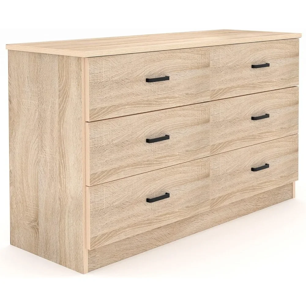 

Wood Dresser for Bedroom, 6 Drawer Double Dresser with Metal Handles, 15.8" D x 47.2" W x 27.7" H, Light Oak