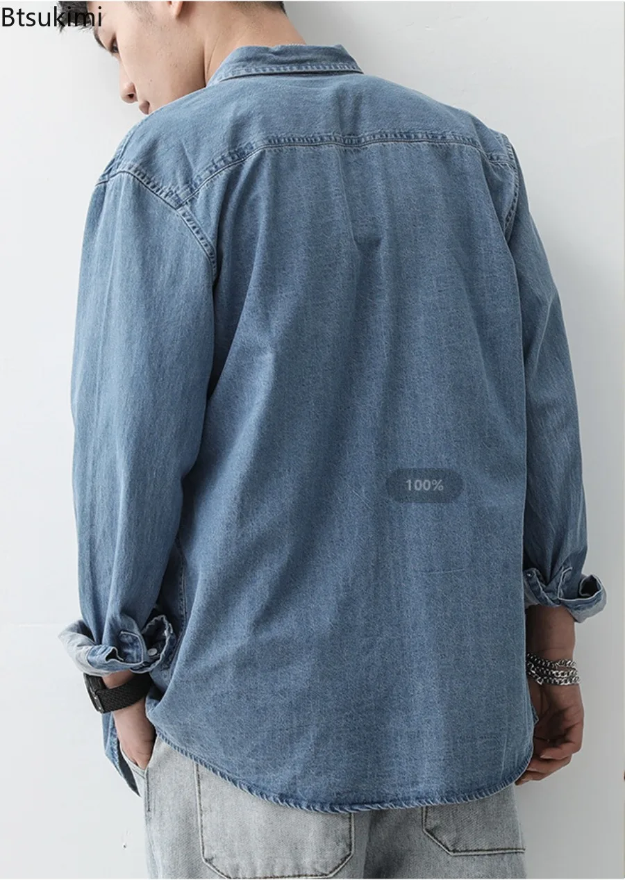 New Men's Long Sleeve Denim Shirts Spring Autumn Vintage All-match Casual Shirt Jackets Fashion Solid Loose Cotton Cargo Shirts