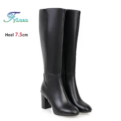 Plus Size 48 Square Toe Knee High Boots Women Side Zipper Winter Warm Long Shoes Comfort Thick Heel 7.5CM Black Leather Boots