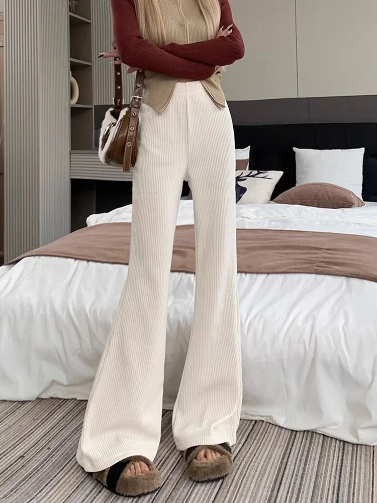 Vintage Black Corduroy Flare Pants Women Casual Elastic High Waist Trousers Female Fall Winter Simple Design Streetwear Pants